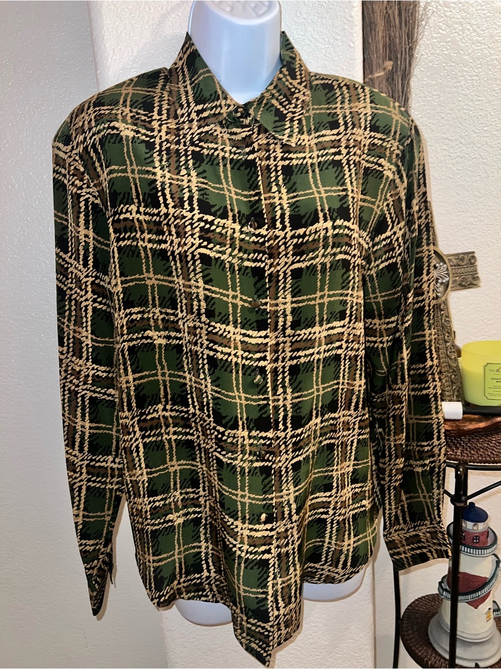 Vintage Silk Jessica Lauren Green Plaid Button-Up Shirt